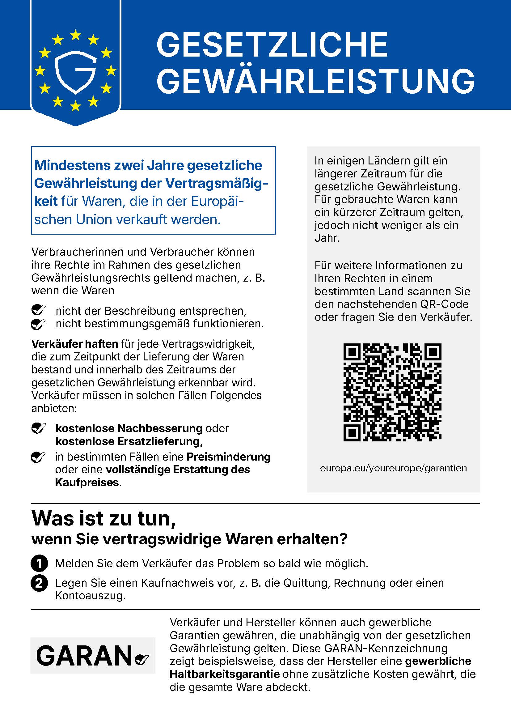 Gewährleistungslabel: Für in der Europäischen Union verkaufte Waren gilt eine gesetzliche Gewährleistung von mindestens zwei Jahren.